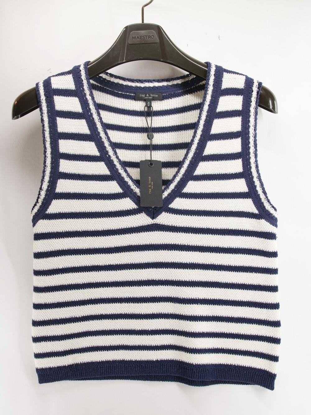 Rag & Bone NWT Meghan Striped Sweater Vest Women's Medium Ivory Navy Deep V Neck
